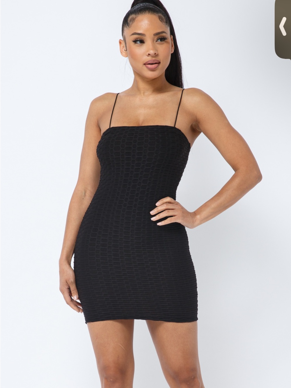 Black Textured Bodycon Mini Dress with Spaghetti Straps